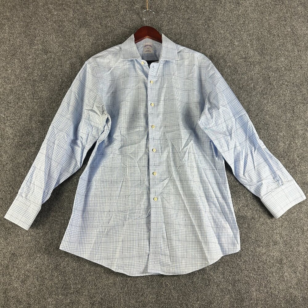 Brooks Brothers 346 Shirt Mens 16.5 Slim Fit Non Iron Blue Plaid Cotton